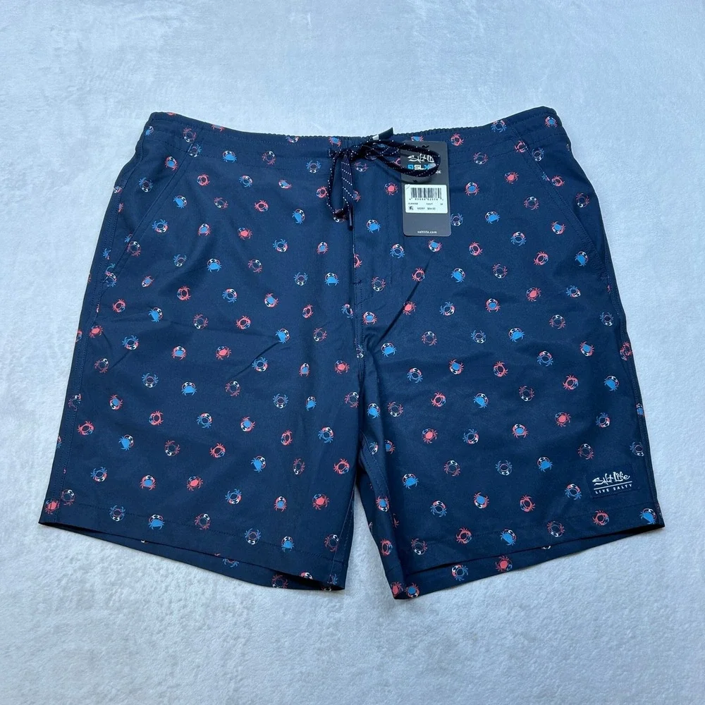 Salt‎ Life Get Crabby Performance Walk Shorts Mens 34 Navy Blue Drawstring NEW